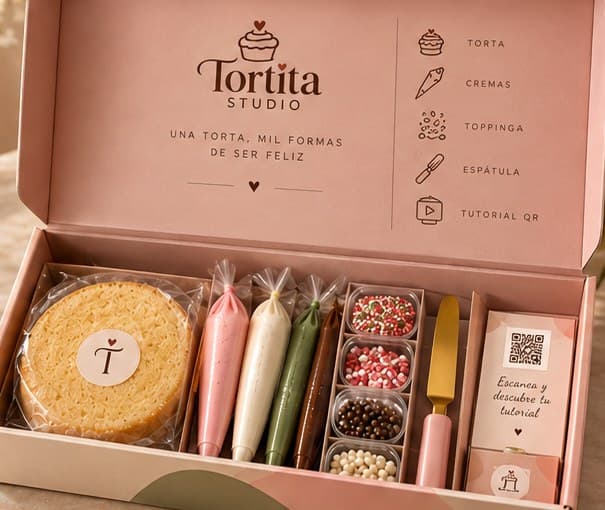 Kit abierto: bizcocho, cuatro mangas de crema, toppings, espátula y tarjeta con código QR