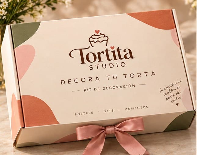 Caja del kit Decora tu torta de Tortita Studio con cinta rosa