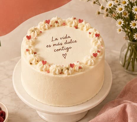Torta de vainilla decorada con merengues y corazones rojos, con la frase La vida es más dulce contigo